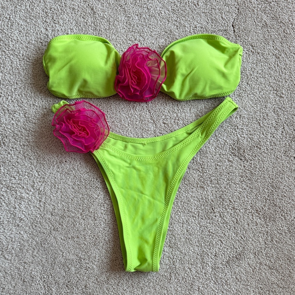 Neon Lime Bandeau Bikini with Pink Floral Accents
